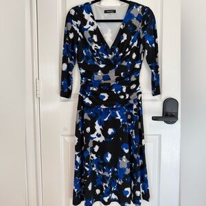 Nine West Blue and Black Patterned Long Sleeve Dress